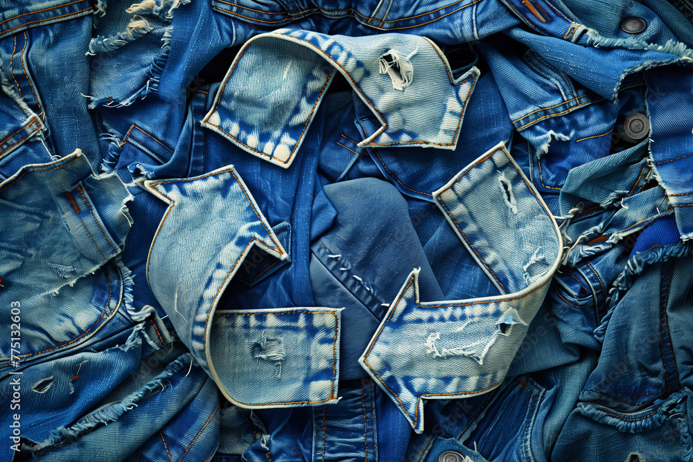 Recycling symbol made of old jeans  - obrazy, fototapety, plakaty 