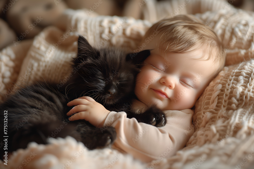 Heartwarming scene captured in a cozy embrace between a peaceful sleeping kitten and a tenderly hugging cute baby child, showcasing the purest form friendship Heartwarming scene captured in a cozy embrace between a peaceful sleeping kitten and a tenderly hugging cute baby child, showcasing the purest form friendship