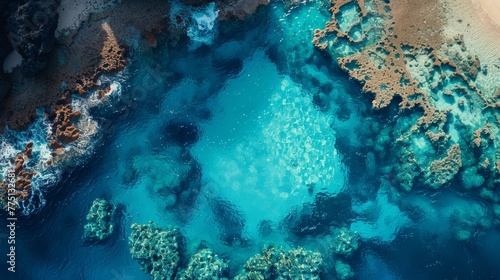 High res aerial drone shot of vibrant coral reef and sandy beach, capturing ultra realistic details