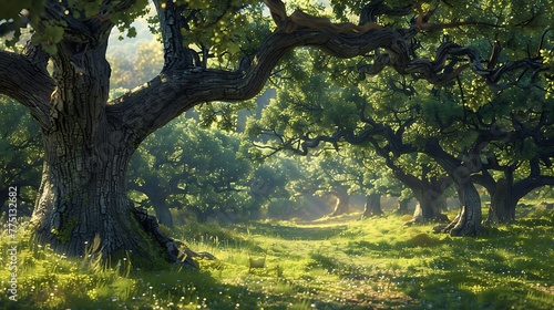 A grove of ancient oak trees providing shade and shelter for weary travelers along the trail