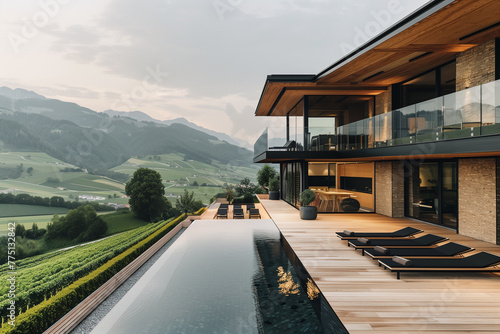 Wooden chalet with patio and pool overlooking the green mountains. © Myroslava