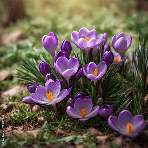 Natural Spring Crocus Flower With Dreamy Green Foliage Background (ID: 775132869)
