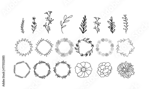 Doodle botanical circle frame. Hand drawn round line border, leaves and flowers, wedding invitation and cards, logo design and posters template.