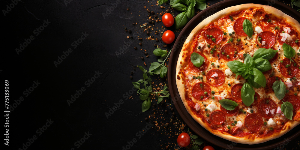 Top view of pizza with tomato sauce, mozzarella, tomatoes, and basil, with copy space, dark concrete background Menu concept. Delicious tasty Italian food diet