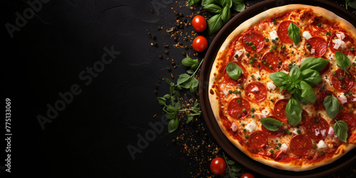 Top view of pizza with tomato sauce, mozzarella, tomatoes, and basil, with copy space, dark concrete background Menu concept. Delicious tasty Italian food diet