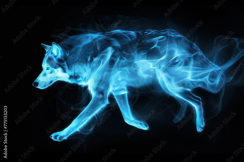This image features a wolf made out of blue smoke, giving it an ethereal and mystical appearance on a dark backdrop This image features a wolf made out of blue smoke, giving it an ethereal and mystical appearance on a dark backdrop