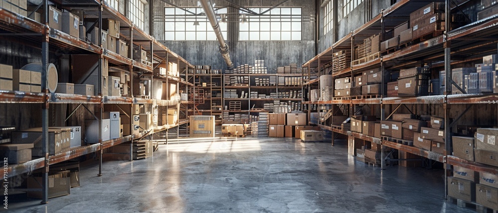 An industrial warehouse setting with shelves, boxes, and concrete floors, 3D VFX