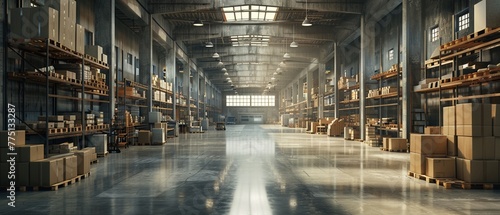 An industrial warehouse setting with shelves, boxes, and concrete floors, 3D VFX