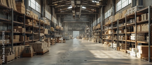 An industrial warehouse setting with shelves, boxes, and concrete floors, 3D VFX © Sataporn