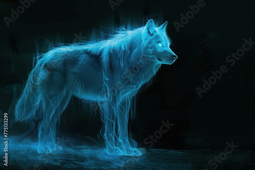 A lone wolf stands enveloped in bright blue smoke  creating a mysterious and illuminating effect on the black background