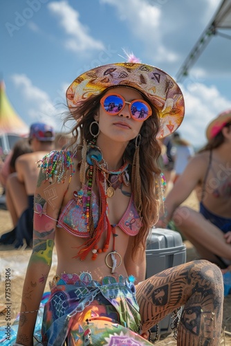 Bonnaroo festival campgrounds, music fans in eccentric outfits, summer Tennessee heat, 3D illustrate fantasy