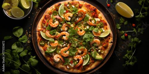 Top view of shrimp and avocado pizza with tomato sauce, mozzarella, shrimp, avocado, and cilantro, with copy space, dark concrete background Menu concept. Delicious tasty Italian food diet