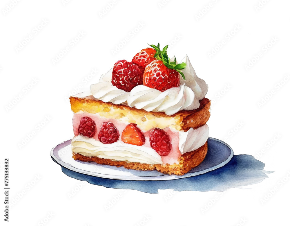 白い画用紙に描いたベリーとクリームのカットケーキのイラスト 白い画用紙に描いたベリーとクリームのカットケーキのイラスト