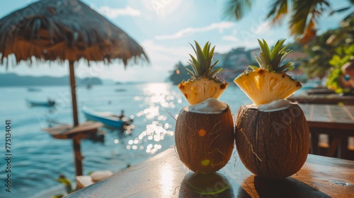 Two coconut drinks with pineapples on top of them sitting next to a boat, AI