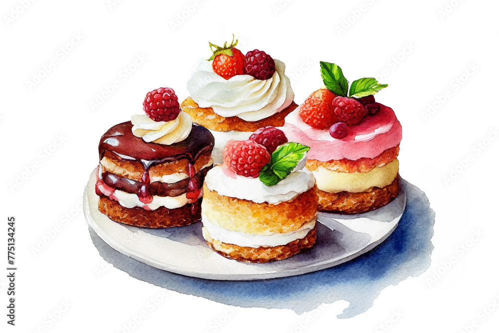 白い画用紙に描いた小さなケーキのアソートプレート 白い画用紙に描いた小さなケーキのアソートプレート