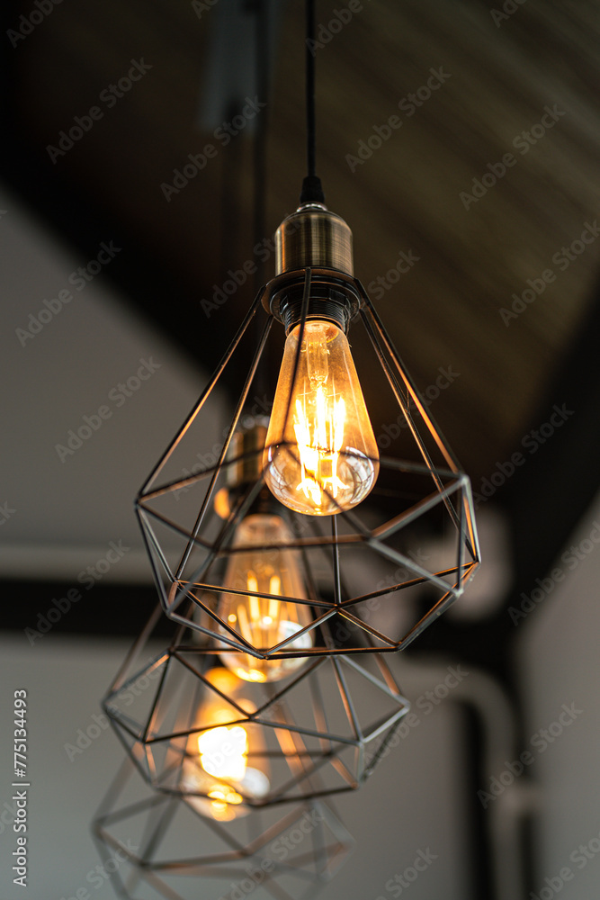 Classic style lightbulb ceiling lamp with iron cage glowing in orange light shade. Interior decoration object photo, selective focus.