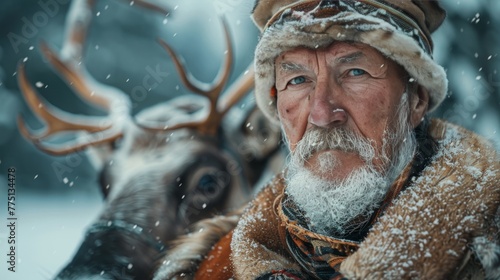 Sami reindeer herder cultural portrait in nordic winter with traditional clothing and reindeer photo