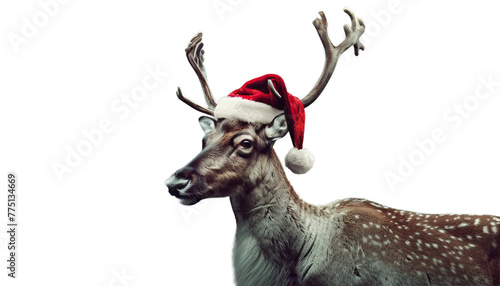 Christmas reindeer with red ribbon. Close-up: Reindeer in Santa's hat on a light transparent background. Christmas elements.