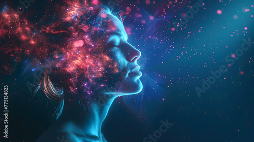 a woman head with the universe inside her, space nebulae, dark blue background, pink and red lights, sparkles around her face, double exposure photography