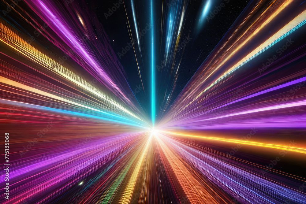 Obraz premium light speed hyperspace space warp background colorful streaks of light gathering towards the evening