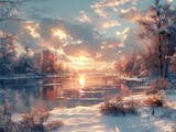 Depict a seasonal theme with a snowy landscape capturing the serenity of a winter morning