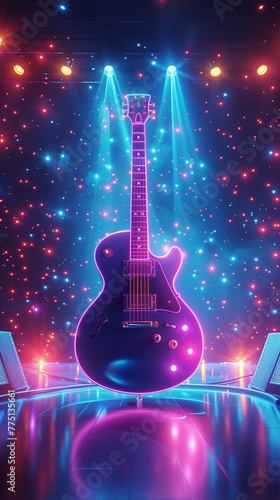 Electric guitar surrounded by neon lights on stage