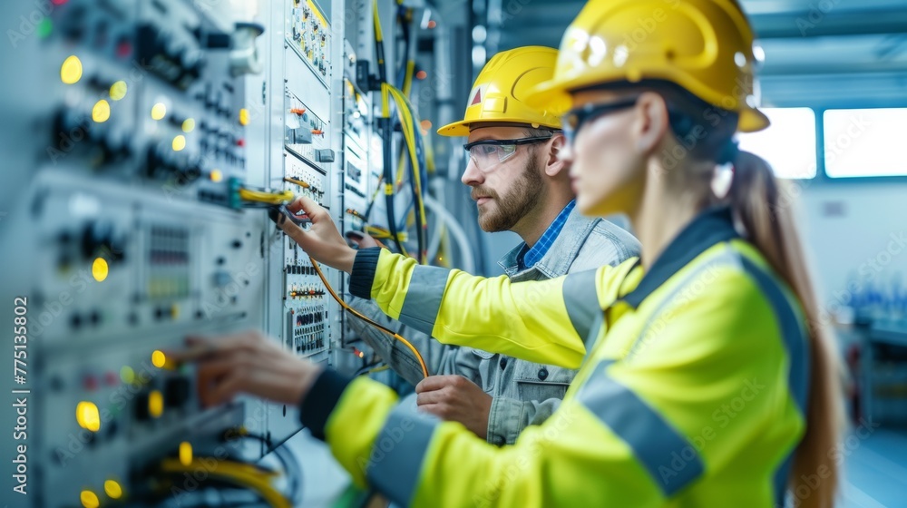 Two people in hard hats working on a large electrical panel, AI Two people in hard hats working on a large electrical panel, AI