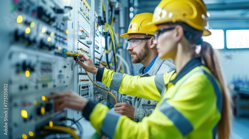 Two people in hard hats working on a large electrical panel, AI