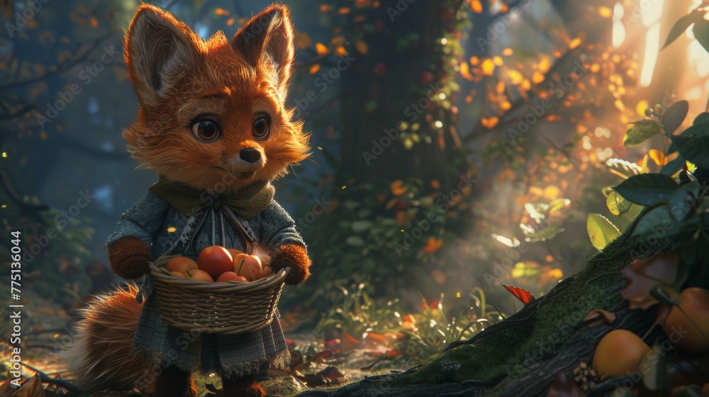Fototapeta premium A cartoon fox holding a basket of apples in the woods, AI
