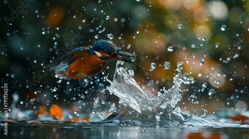 Vibrant kingfisher diving in freshwater pond with striking blue flash and splashing water