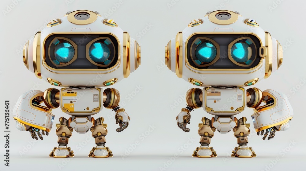 Two robots with blue eyes and gold accents on their bodies, AI Two robots with blue eyes and gold accents on their bodies, AI