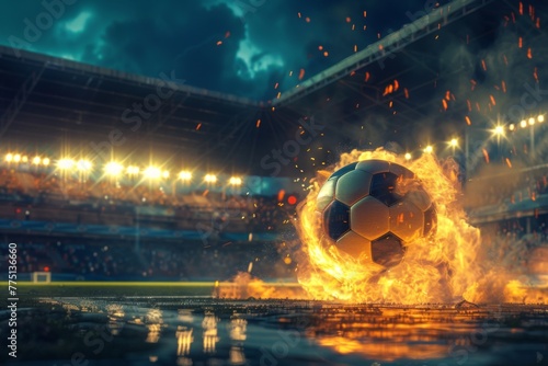 Fiery soccer ball go fast at the football stadium. Generative AI