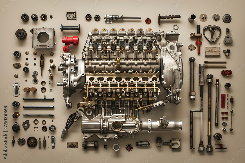 Disassembled LS engine showcasing various components on a flat surface