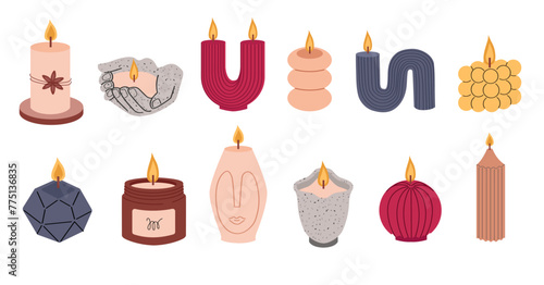 Set of trendy candles of various shapes and colors. Aroma candles in scandi style - collection on white background.