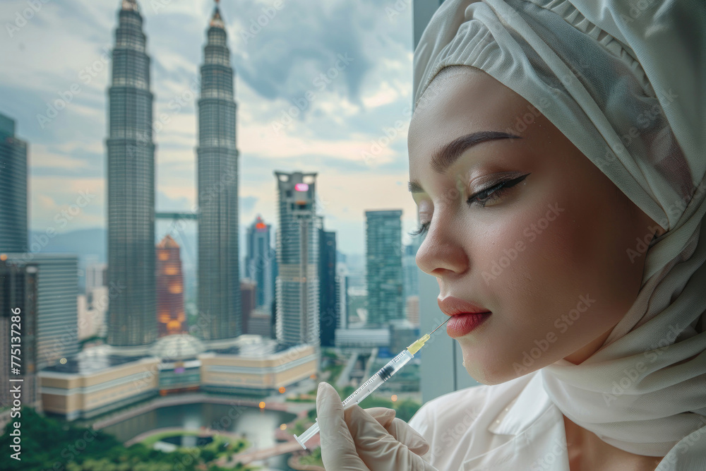 Fototapeta premium Cityscape merges with healthcare, showcasing a nurse with a syringe against Kuala Lumpur's iconic Petronas Towers