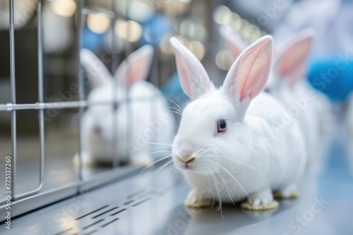 Rabbits in a humane and spacious laboratory setting soft lighting
