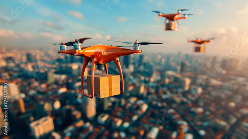Drones delivering goods above a congested urban landscape, avoiding traffic photo
