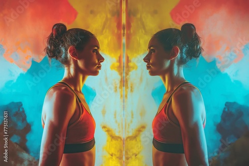 A woman's profile reflected symmetrically against a colorful backdrop creating a striking visual effect