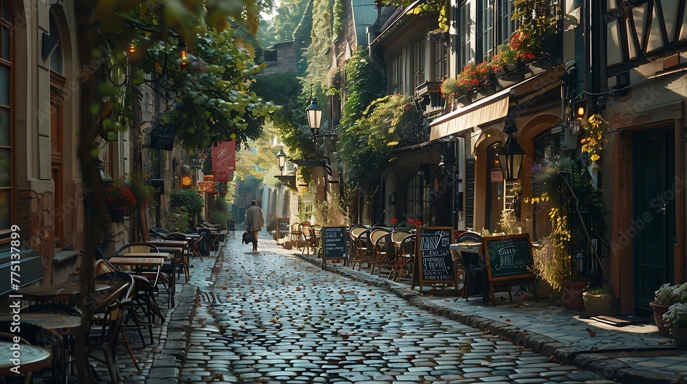 A historic cobblestone street lined with charming cafes and boutiques