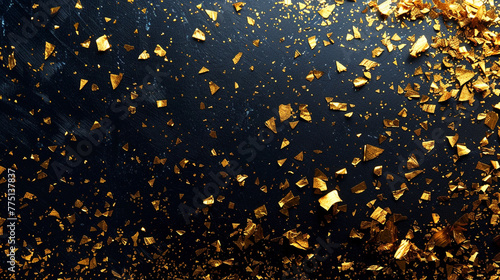 Delicate gold leaf flakes scattered over a black background, emphasizing subtle luxury