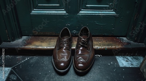 Polished Brown Leather Dress Shoes in Front of a Vintage Green Wooden Door
