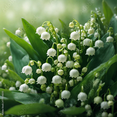 Natural Spring Lily of the Valley Flower With Dreamy Green Foliage Background (ID: 775138255)