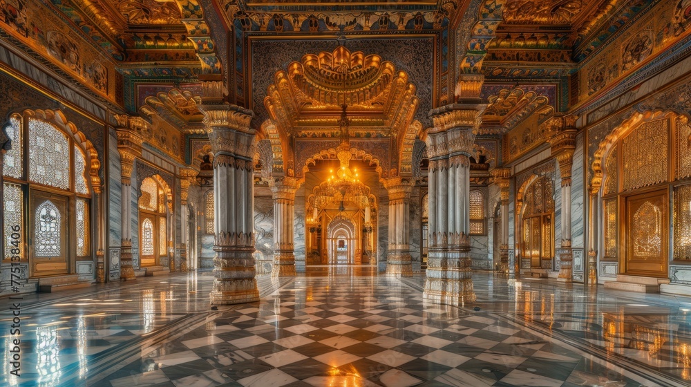 Opulent indian palace interior with peacock throne, marble inlays, ornate chandeliers