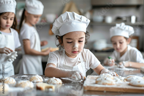 A little girl with flour on her face is intently focused on her baking task among peers