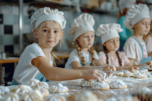 Little girls are making pastries in a well-equipped kitchen, wearing chef hats and displaying teamwork photo