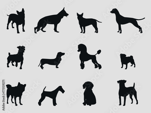 Black silhouettes of dogs. Different breeds of dogs. 12 pieces. Vector on gray background © Dima