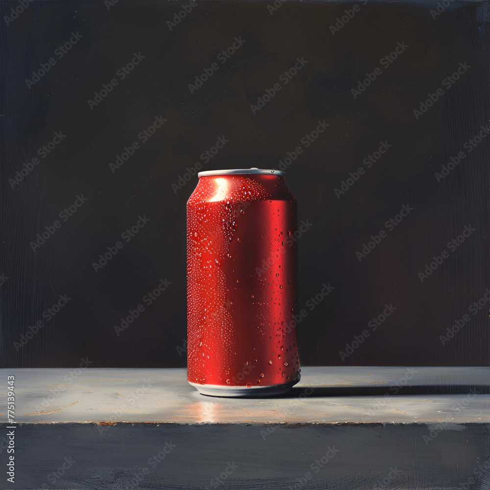 A red soda can with condensation on a dark background, highlighted from the side. A red soda can with condensation on a dark background, highlighted from the side.