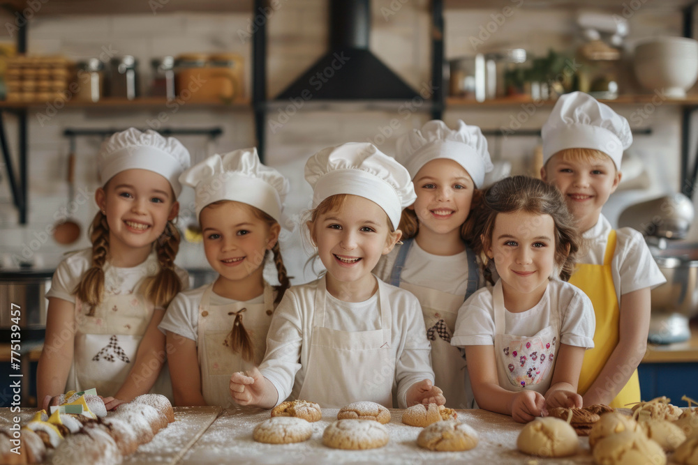 Six joyful children in chef attire pose in a cozy home kitchen setting surrounded by baked goods Six joyful children in chef attire pose in a cozy home kitchen setting surrounded by baked goods