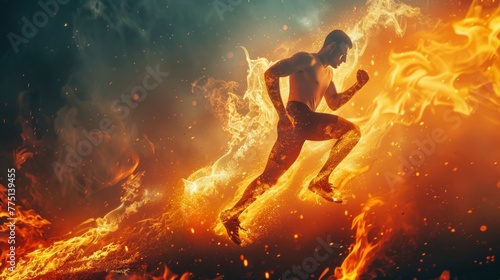 man with lit fire running. athlete concept