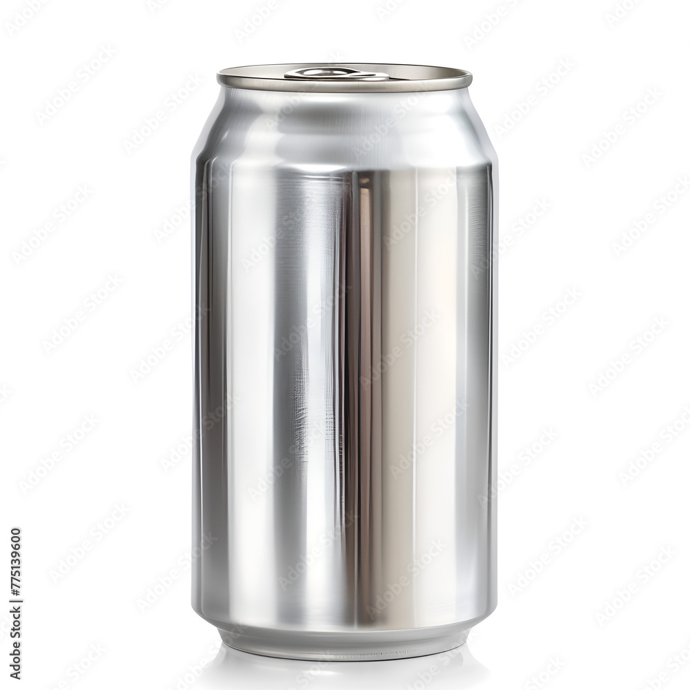A blank aluminum soda can isolated on a white background with a reflective surface. A blank aluminum soda can isolated on a white background with a reflective surface.